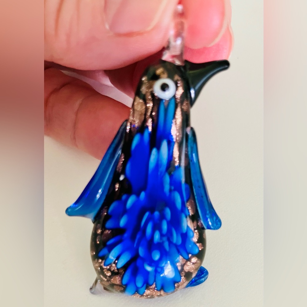 Murano Glass Penguin Pendant Beautiful Blue Black & Gold Colors